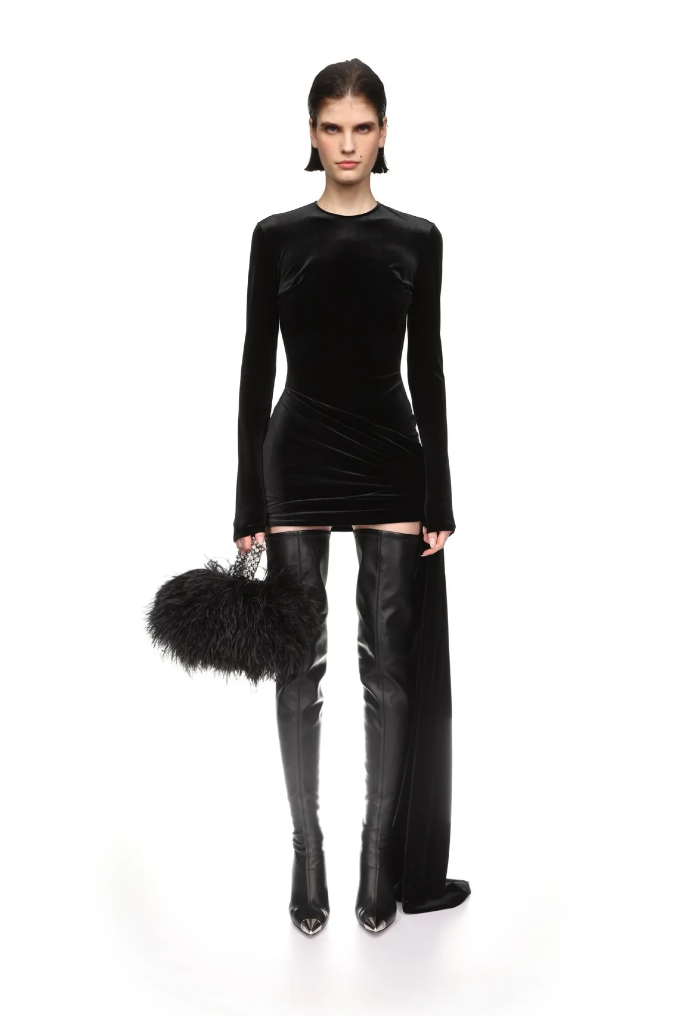 ASYMMETRIC HEM VELVET MINI DRESS