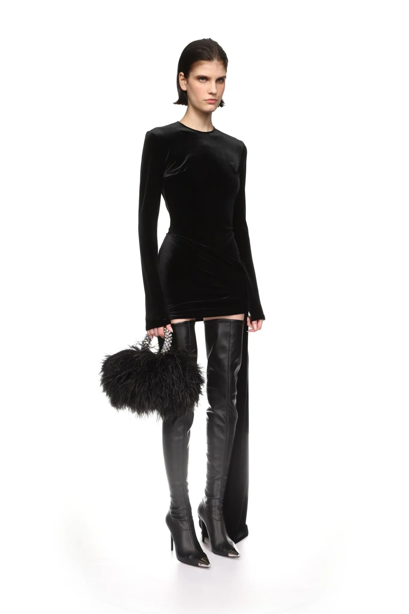 ASYMMETRIC HEM VELVET MINI DRESS