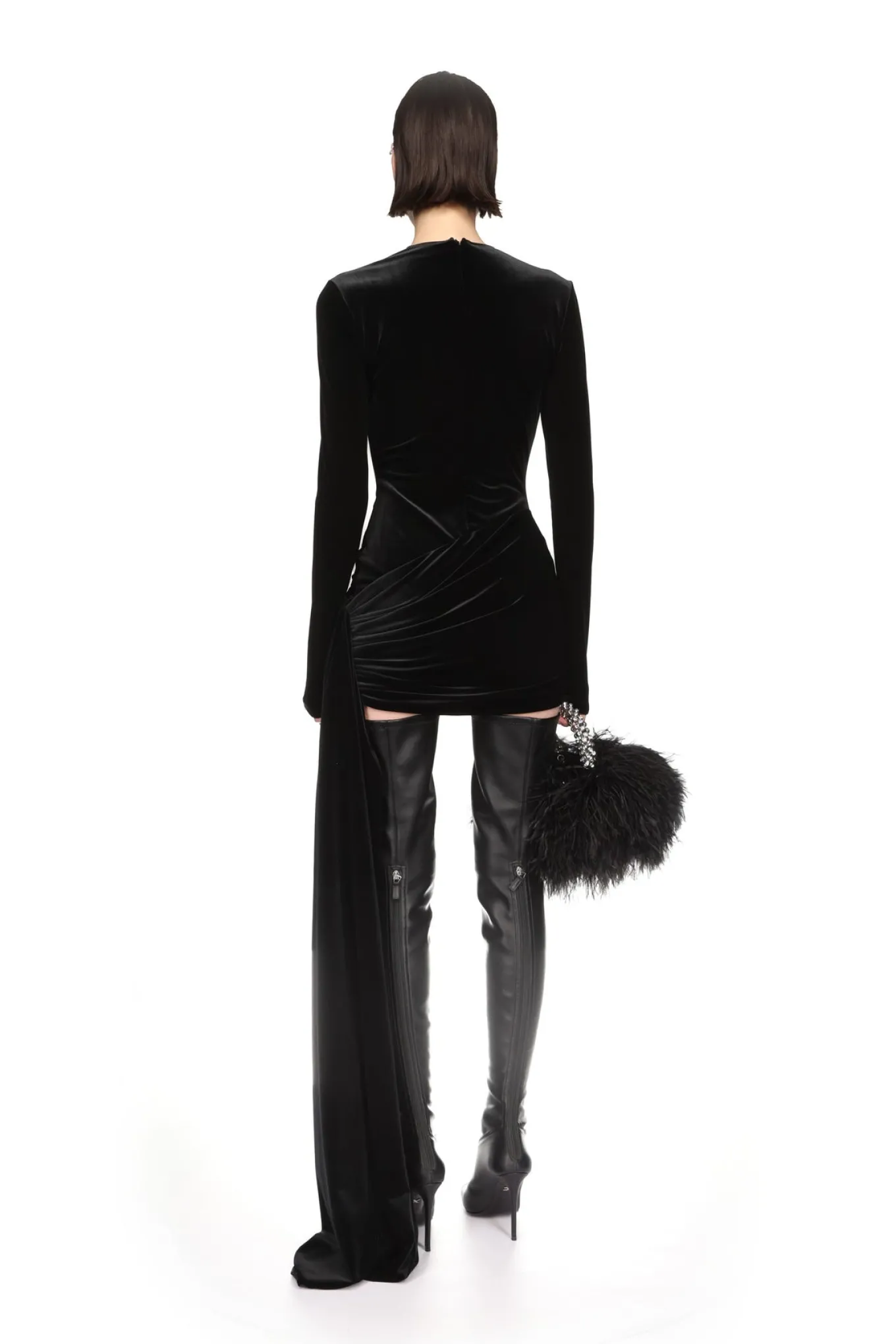 ASYMMETRIC HEM VELVET MINI DRESS