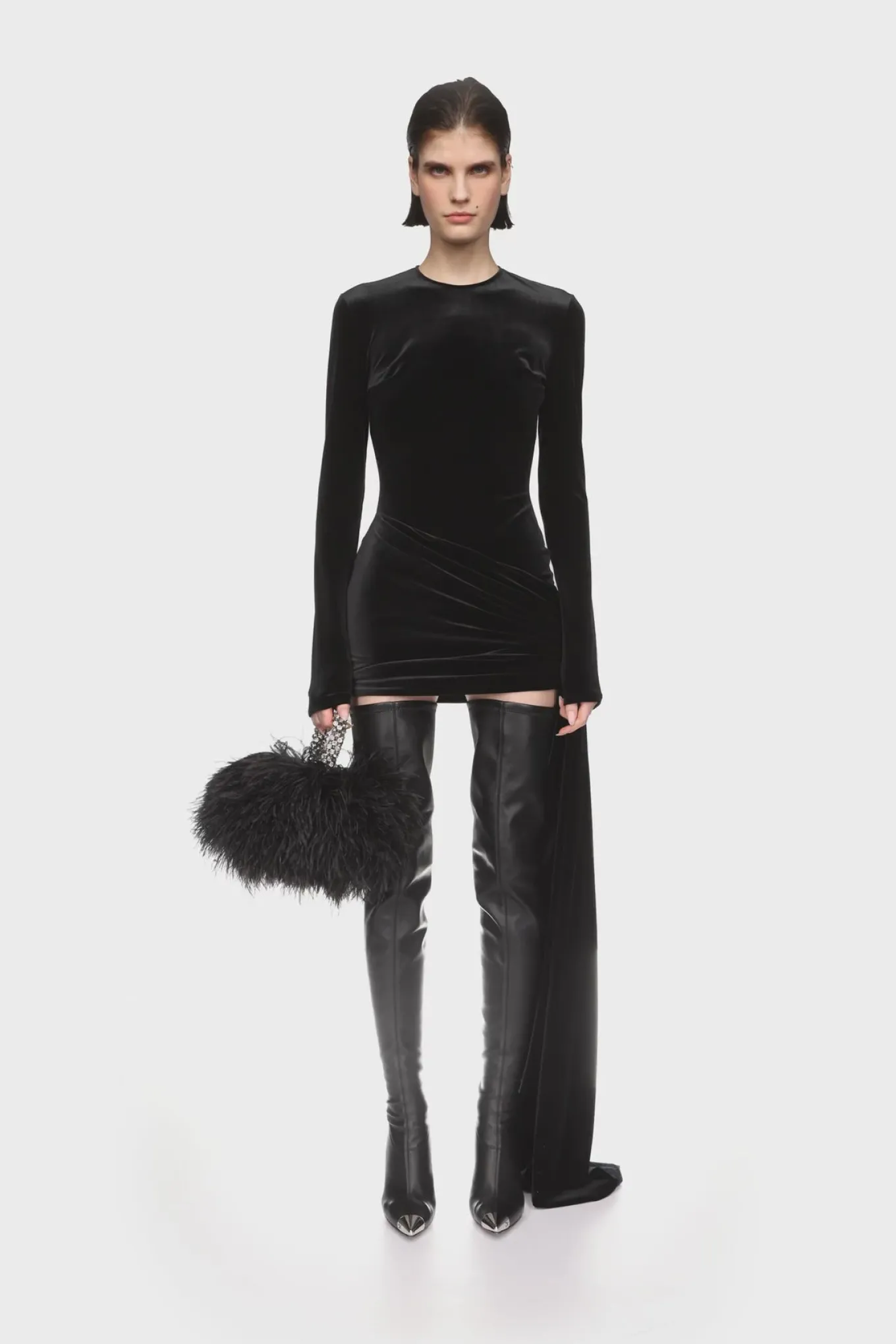 ASYMMETRIC HEM VELVET MINI DRESS
