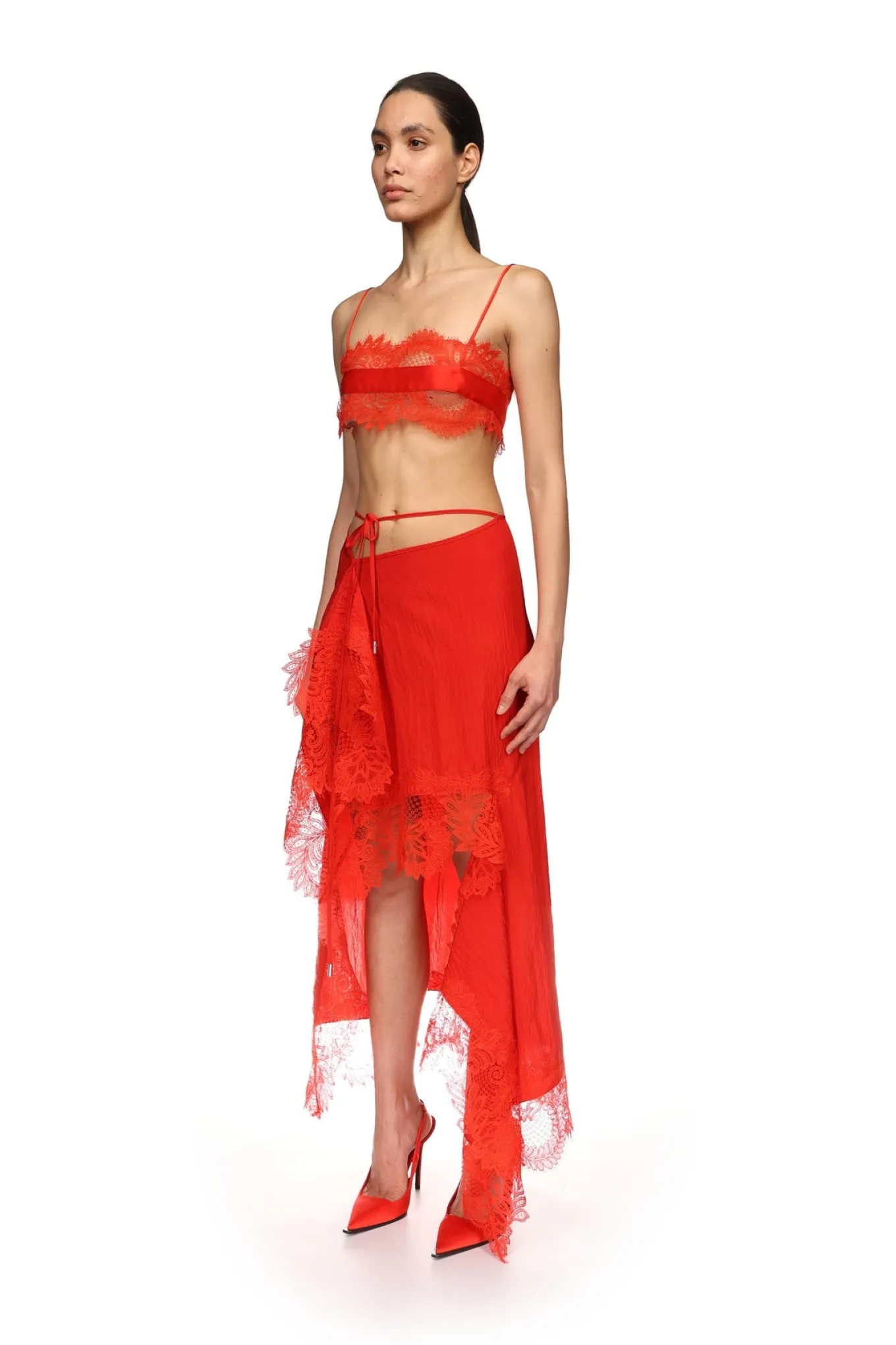 ASYMMETRIC LACE HEM MIDI SKIRT