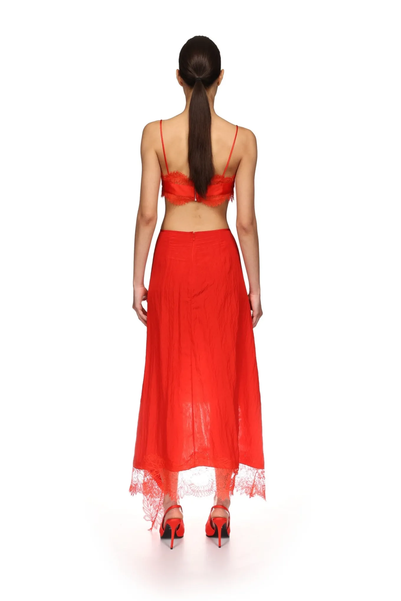 ASYMMETRIC LACE HEM MIDI SKIRT