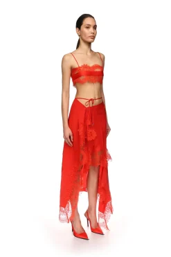 ASYMMETRIC LACE HEM MIDI SKIRT