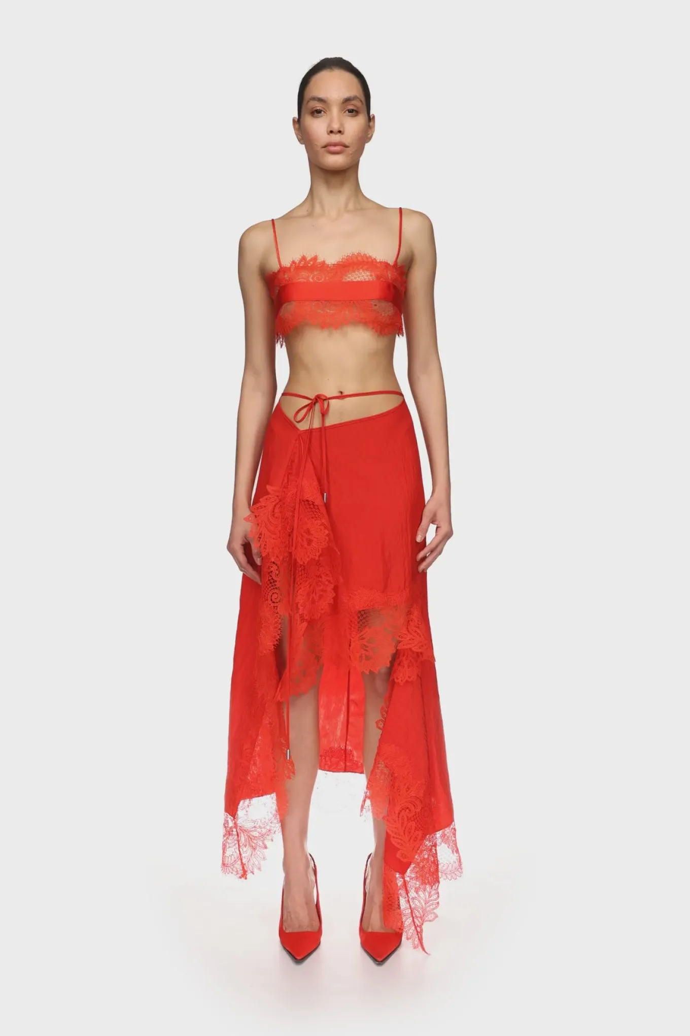 ASYMMETRIC LACE HEM MIDI SKIRT