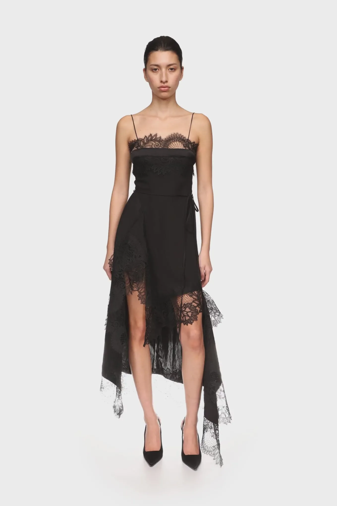 ASYMMETRIC LACE HEM MIDI DRESS