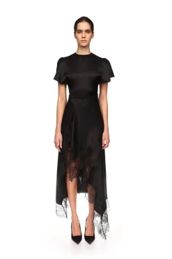 ASYMMETRIC LACE HEM SATIN MIDI DRESS
