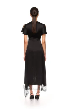 ASYMMETRIC LACE HEM SATIN MIDI DRESS