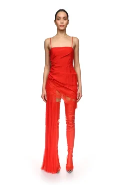 ASYMMETRIC PLEATED AND LACE HEM DRESS