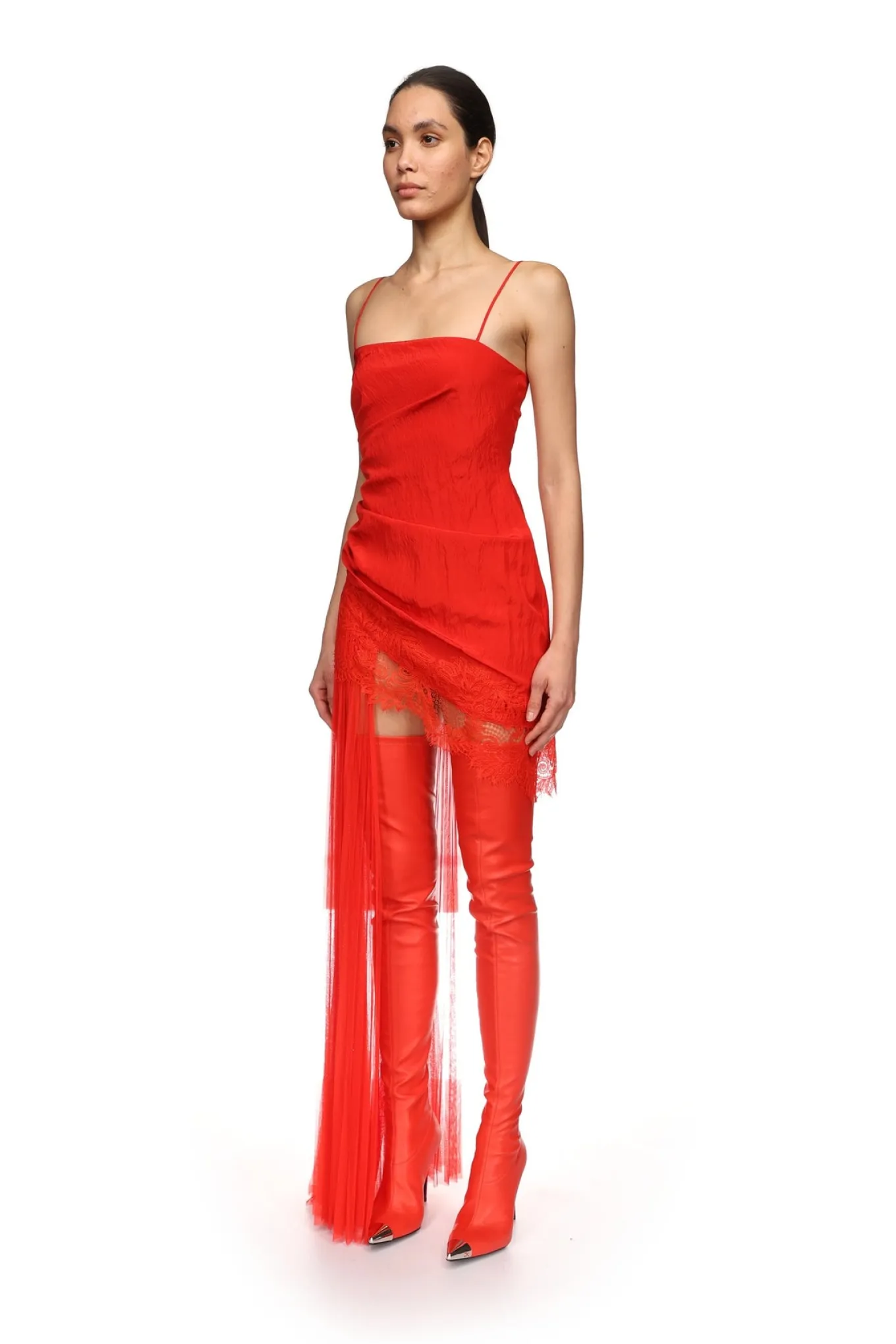 ASYMMETRIC PLEATED AND LACE HEM DRESS