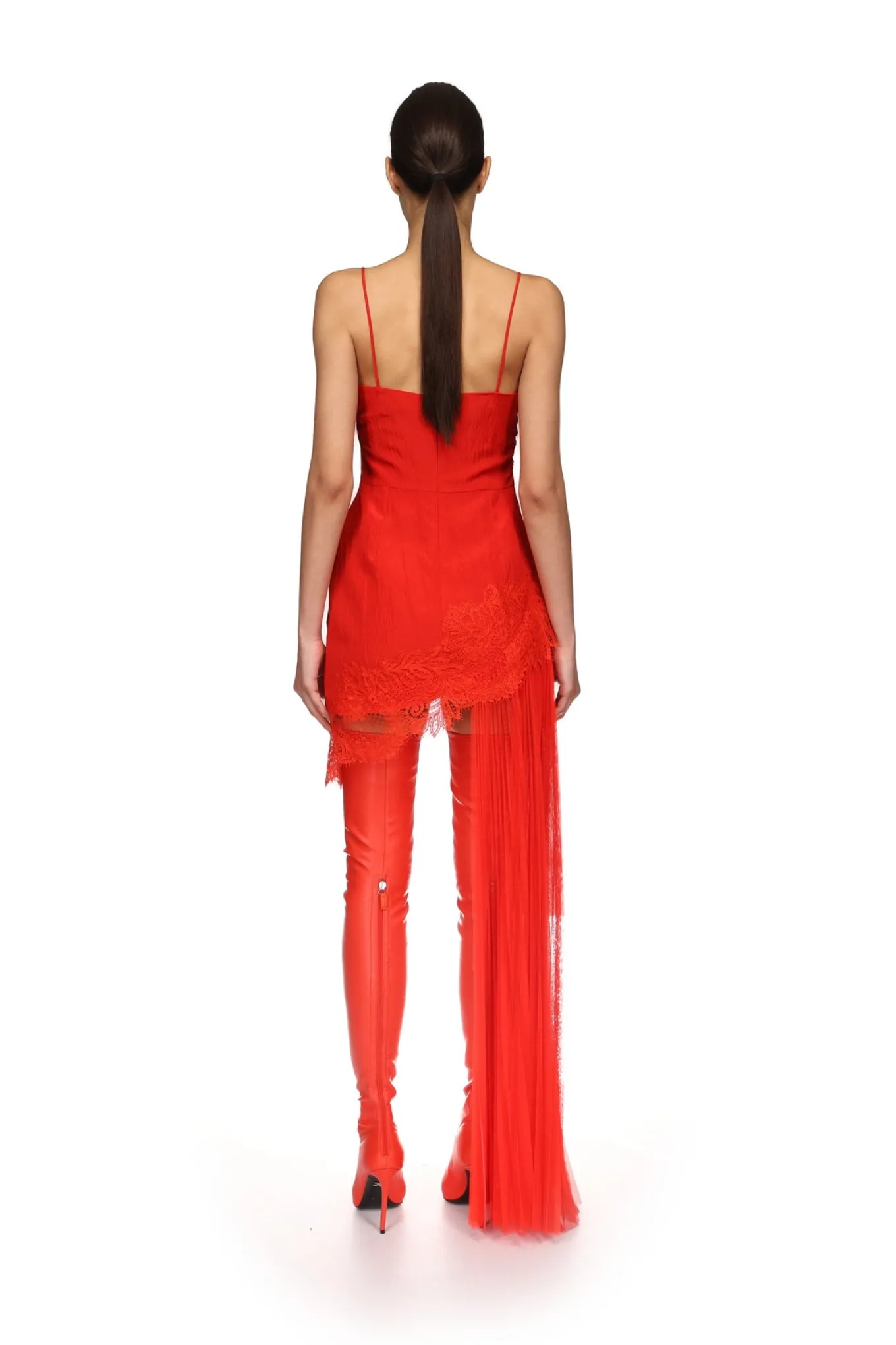 ASYMMETRIC PLEATED AND LACE HEM DRESS