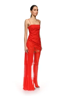 ASYMMETRIC PLEATED AND LACE HEM DRESS