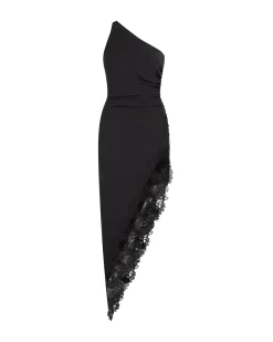 ASYMMETRIC RUCHED AND LACE MIDI DRESS