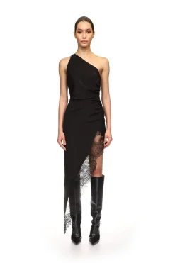 ASYMMETRIC RUCHED AND LACE MIDI DRESS