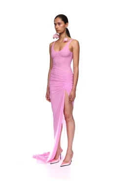 ASYMMETRIC RUCHED MESH GOWN
