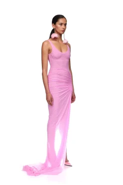 ASYMMETRIC RUCHED MESH GOWN