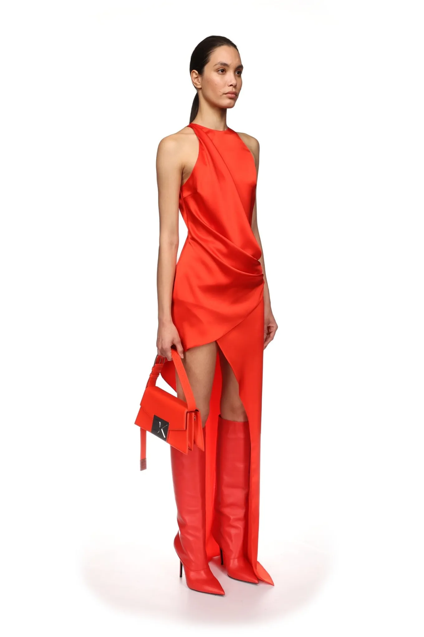 ASYMMETRIC SATIN DRAPE GOWN