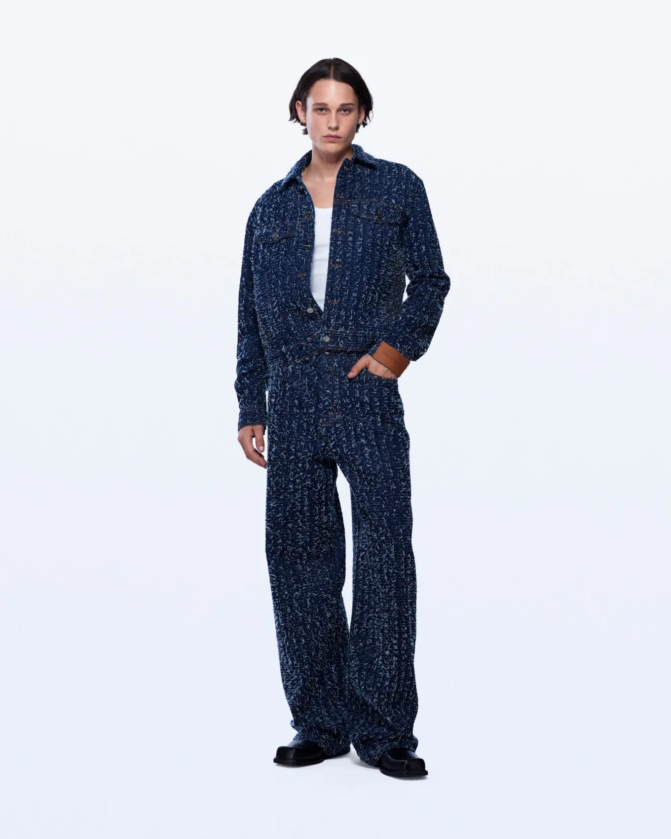 BOUCLE DENIM WIDE LEG TROUSERS