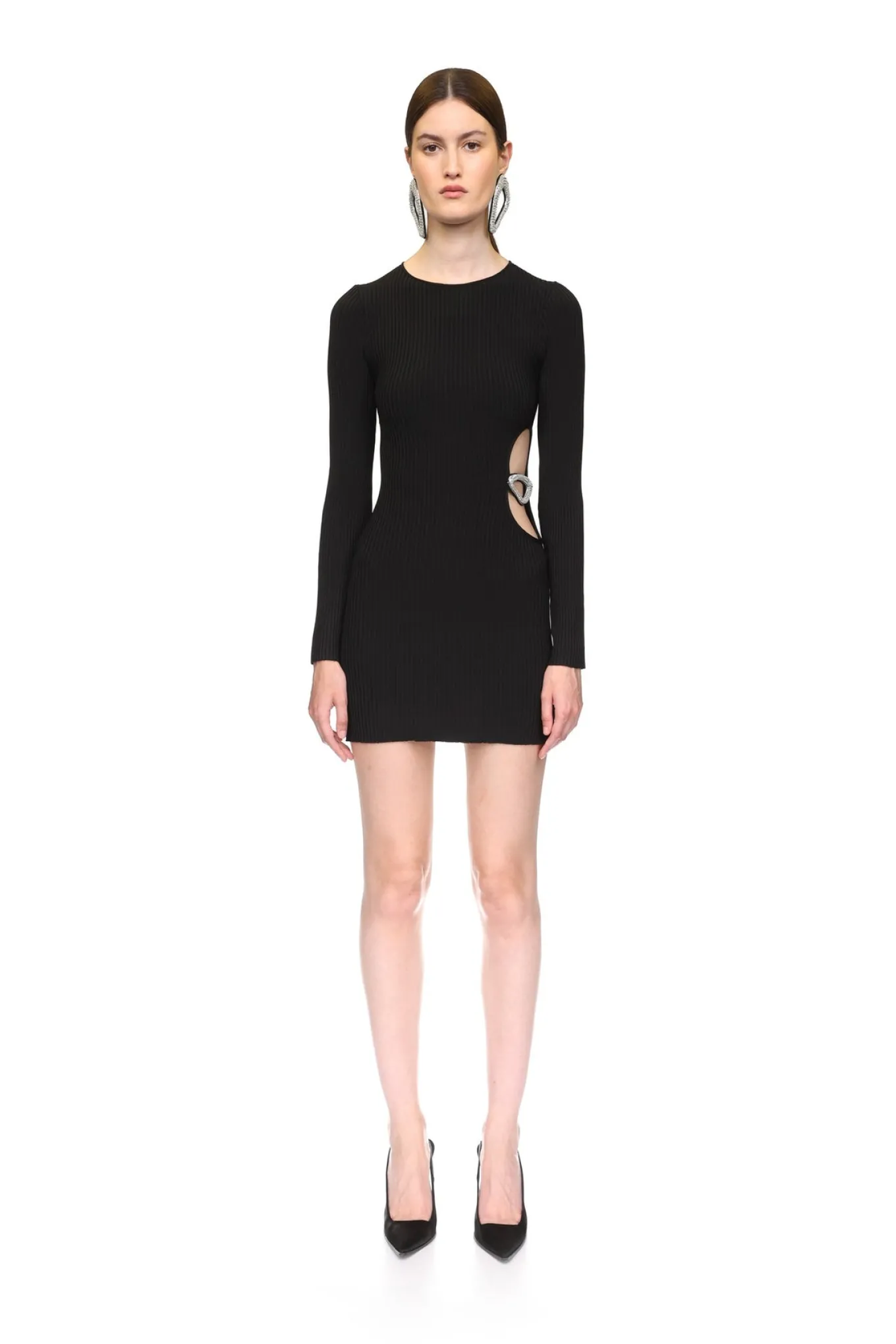 CRYSTAL BUCKLE AND CUTOUT KNIT MINI DRESS