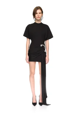 CRYSTAL BUCKLE AND DRAPE DETAIL MINI DRESS