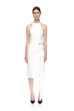 CRYSTAL BUCKLE AND DRAPE DETAIL MIDI DRESS