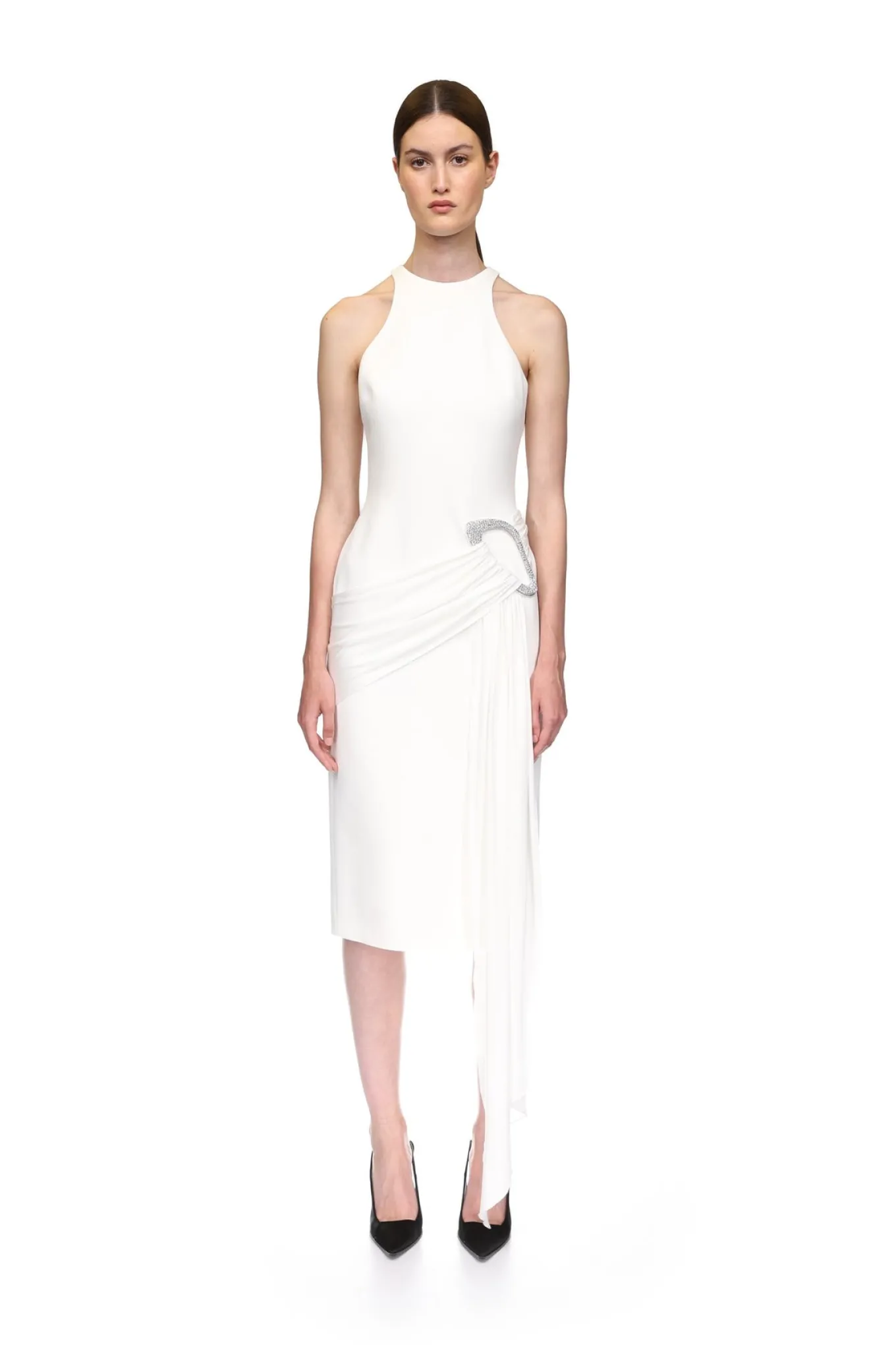 CRYSTAL BUCKLE AND DRAPE DETAIL MIDI DRESS