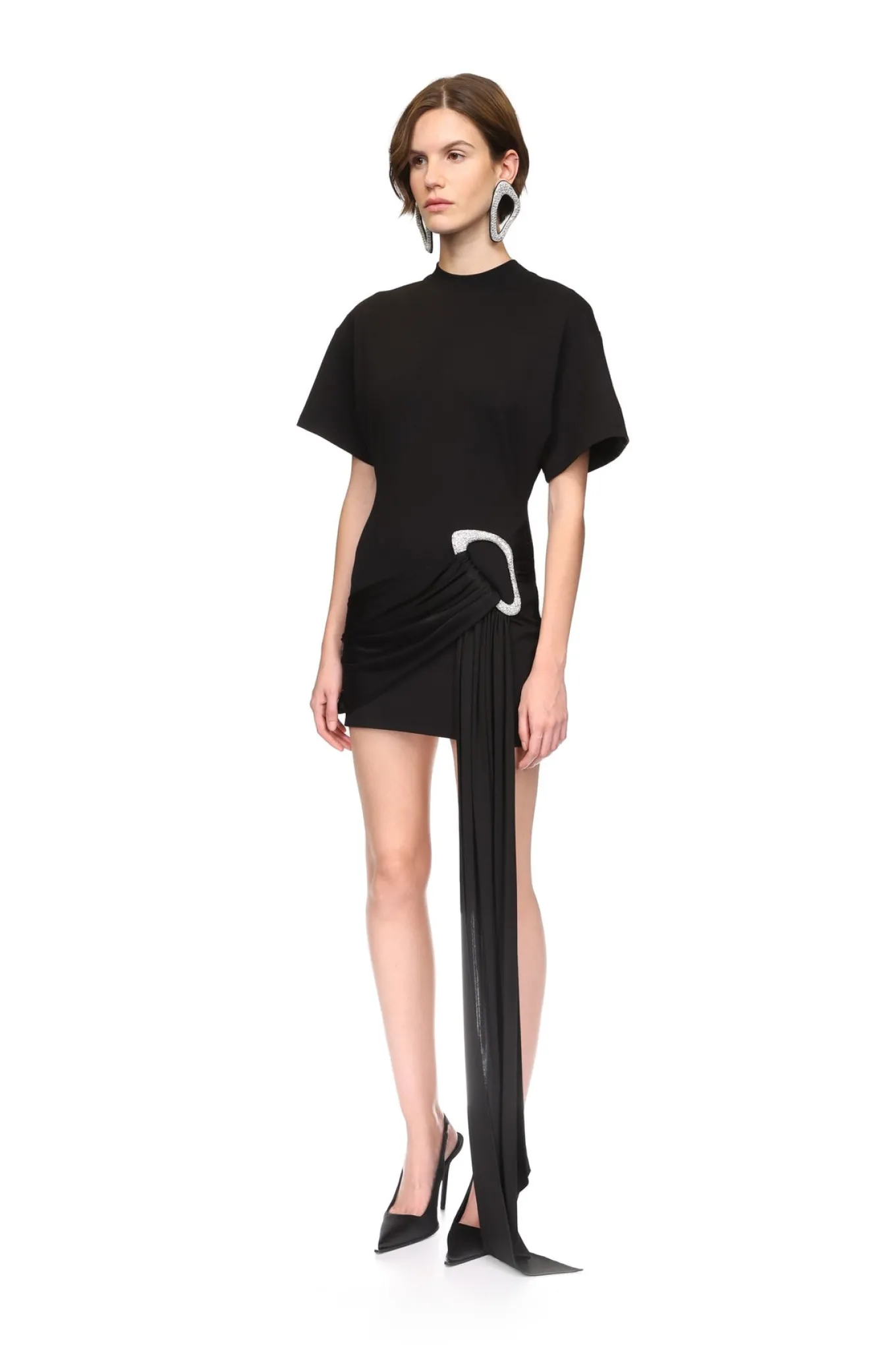 CRYSTAL BUCKLE AND DRAPE DETAIL MINI DRESS