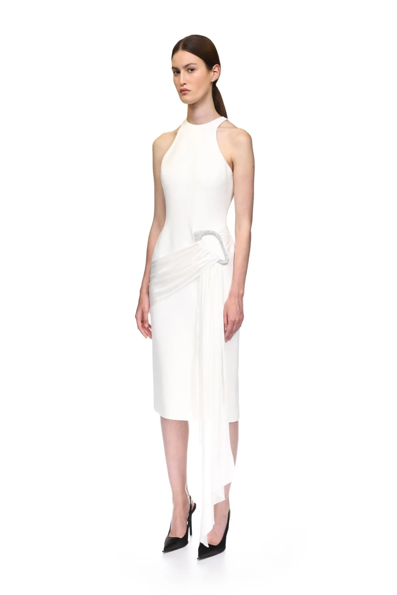 CRYSTAL BUCKLE AND DRAPE DETAIL MIDI DRESS