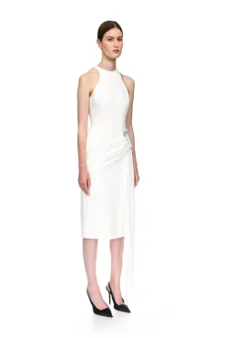 CRYSTAL BUCKLE AND DRAPE DETAIL MIDI DRESS