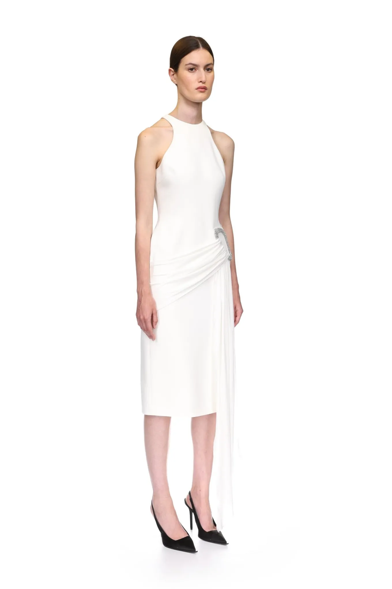 CRYSTAL BUCKLE AND DRAPE DETAIL MIDI DRESS