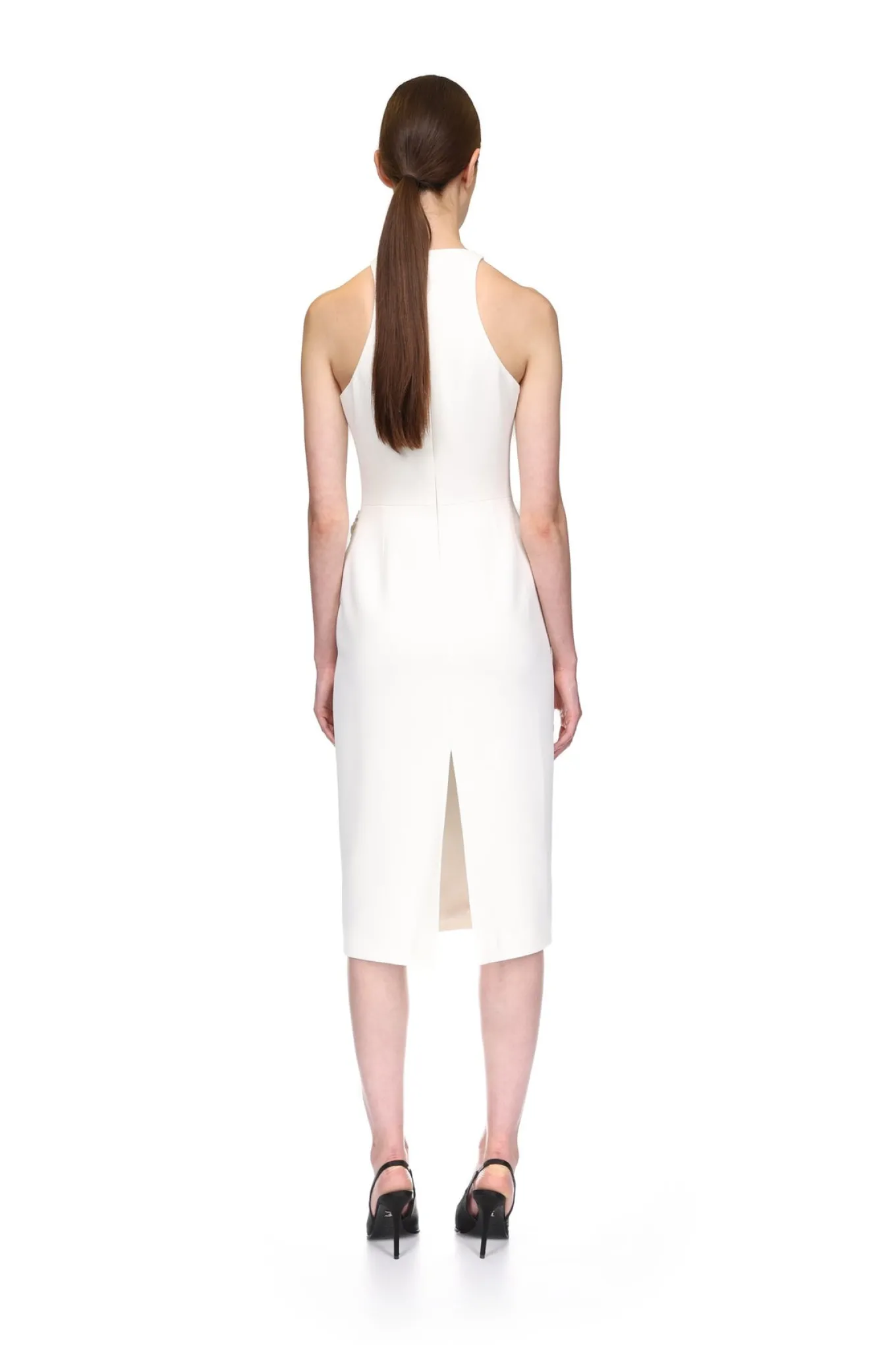 CRYSTAL BUCKLE AND DRAPE DETAIL MIDI DRESS