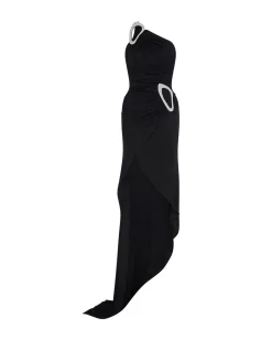CRYSTAL BUCKLE DETAIL ONE SHOULDER DRESS