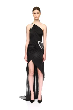 CRYSTAL BUCKLE DETAIL ONE SHOULDER DRESS