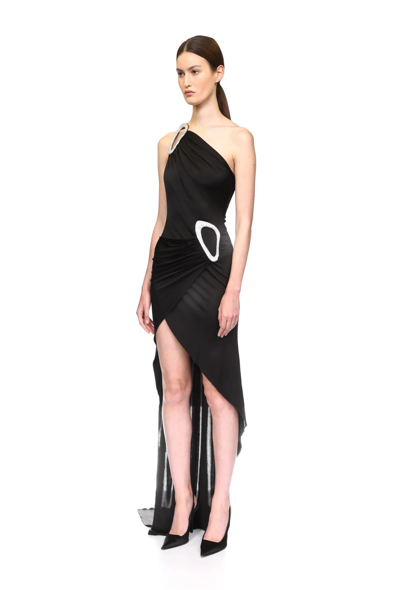 CRYSTAL BUCKLE DETAIL ONE SHOULDER DRESS