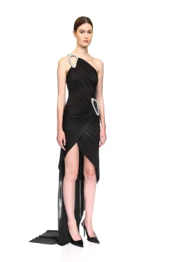 CRYSTAL BUCKLE DETAIL ONE SHOULDER DRESS
