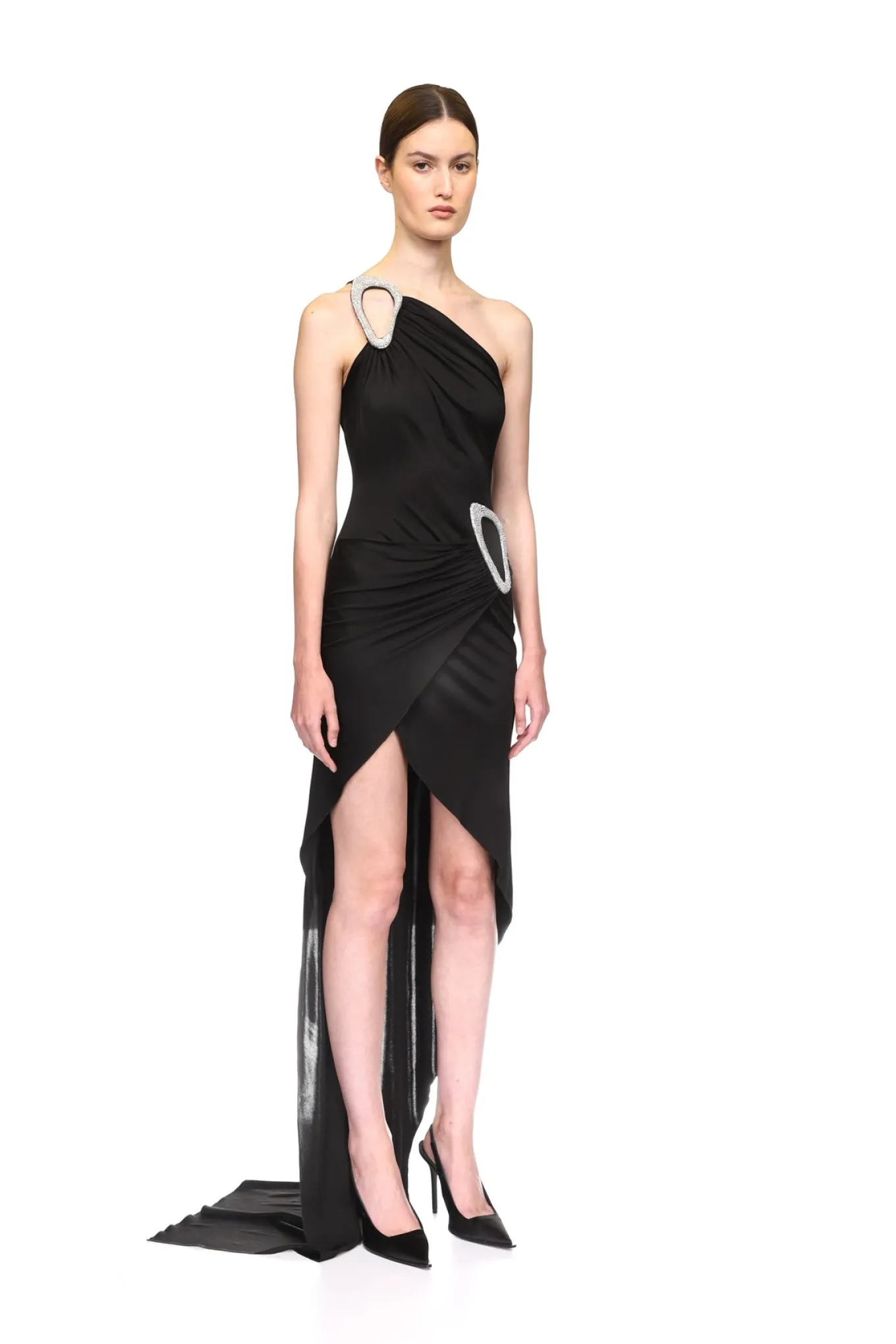 CRYSTAL BUCKLE DETAIL ONE SHOULDER DRESS