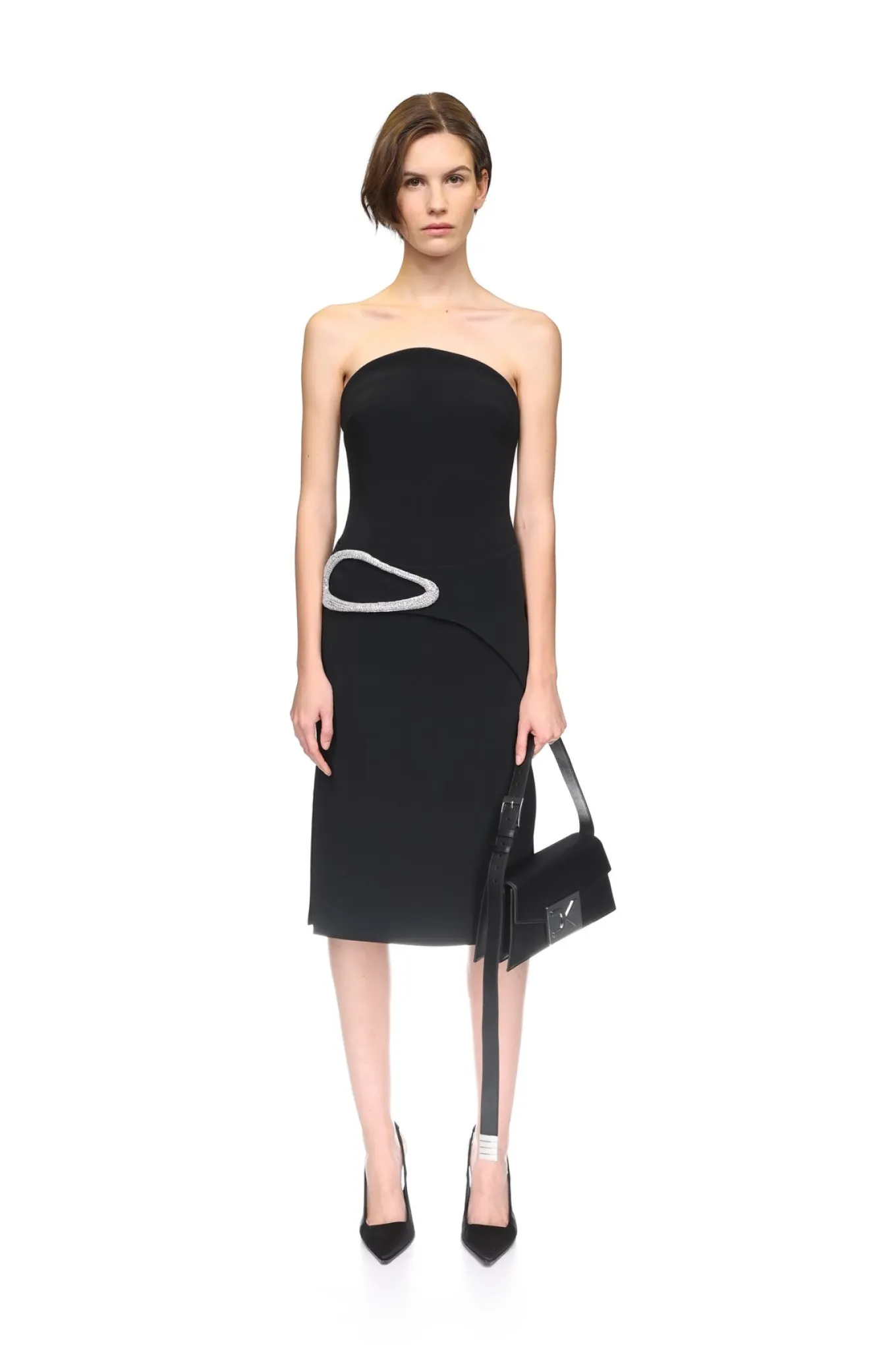 CRYSTAL BUCKLE STRAPLESS MIDI DRESS