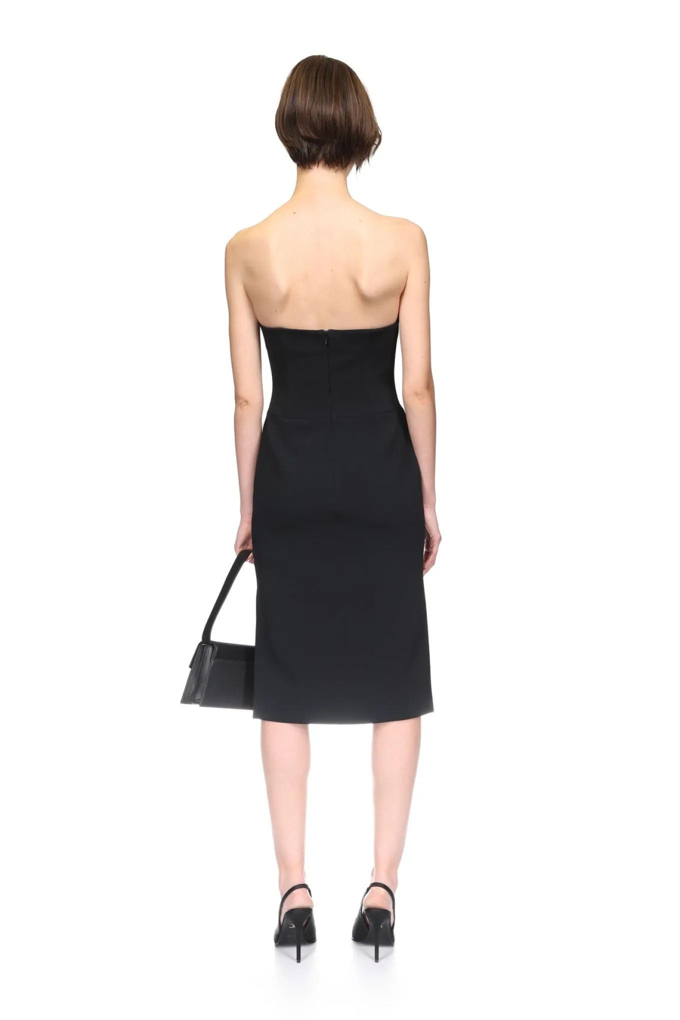 CRYSTAL BUCKLE STRAPLESS MIDI DRESS