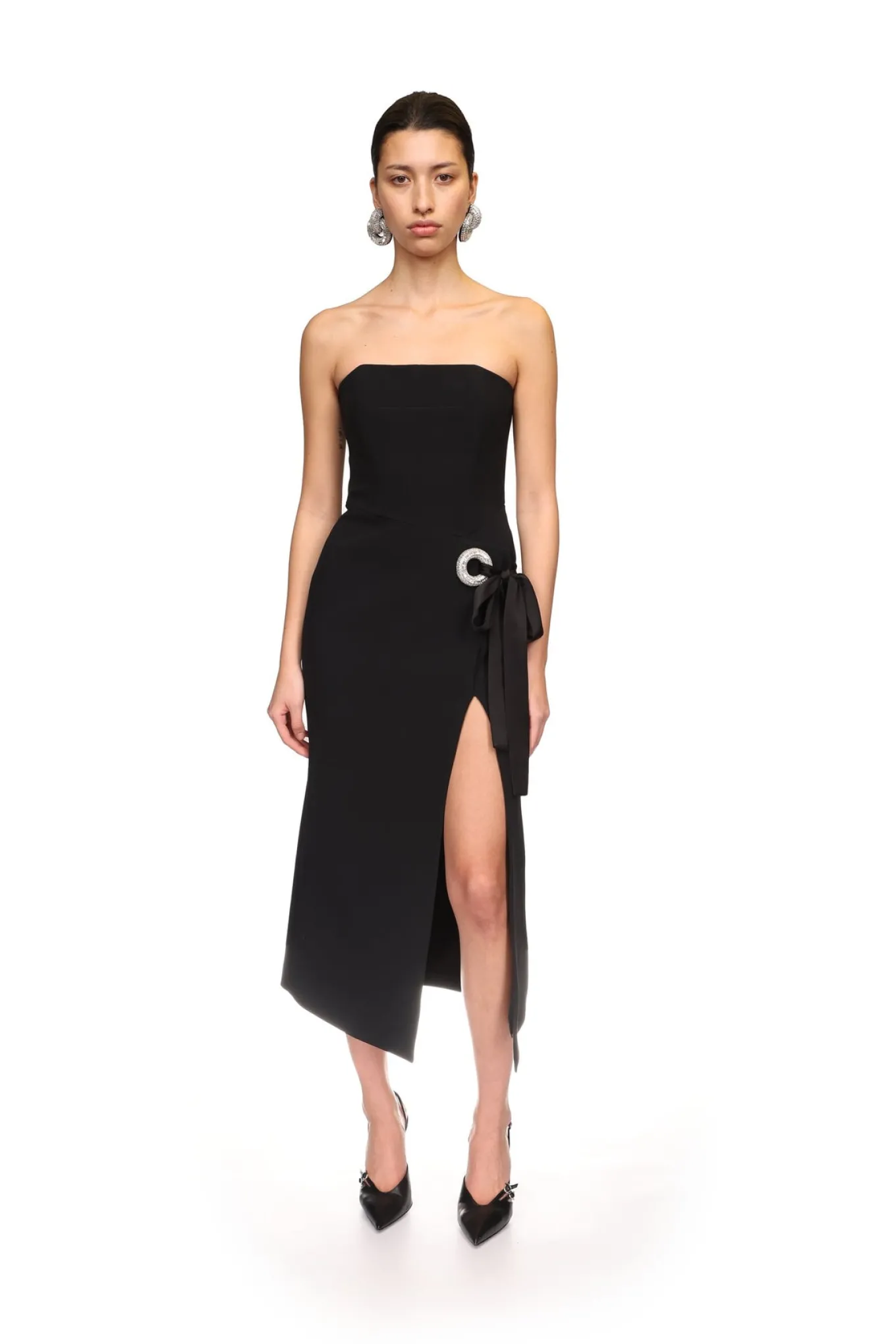 CRYSTAL CIRCLE AND SATIN BOW MIDI DRESS