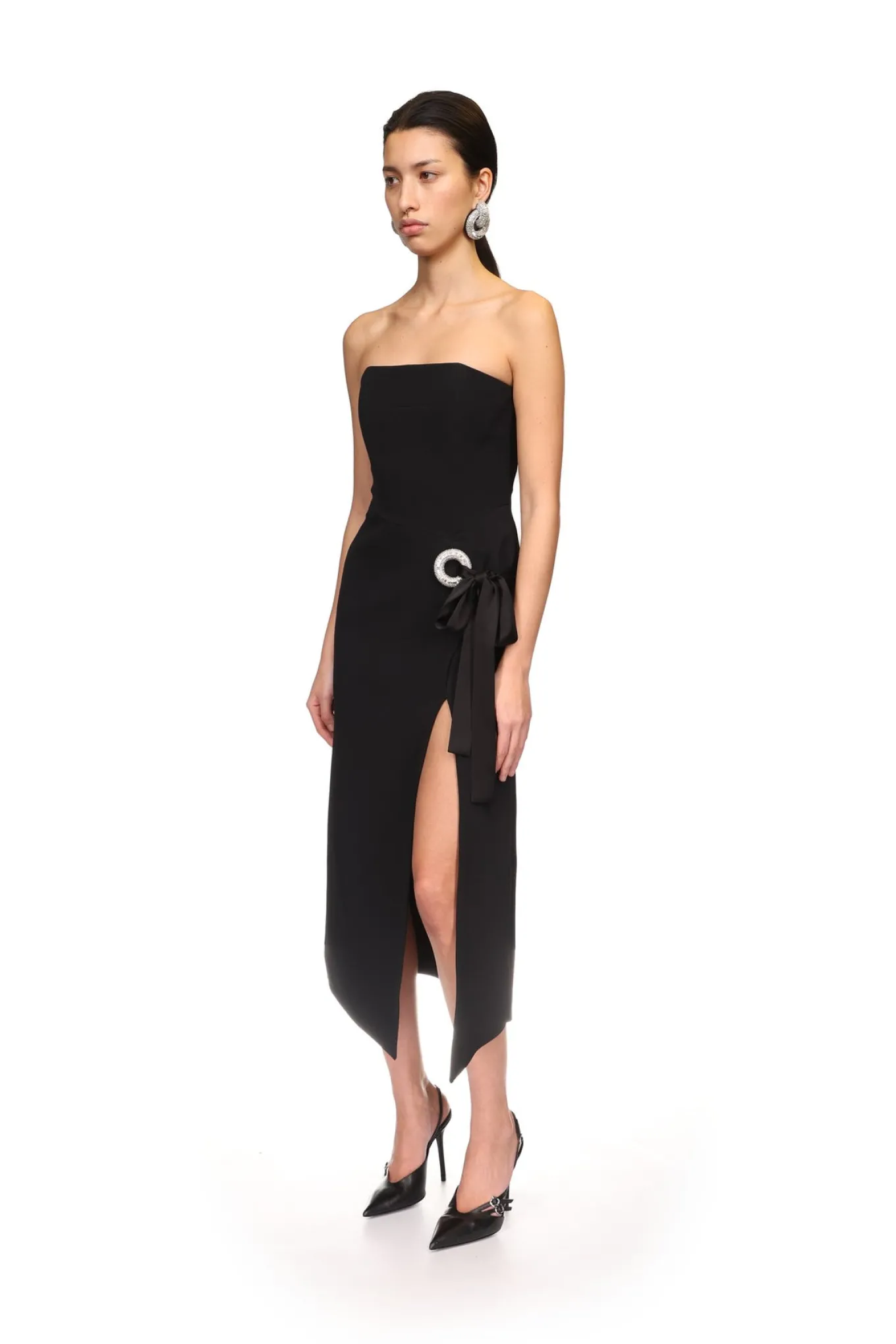 CRYSTAL CIRCLE AND SATIN BOW MIDI DRESS