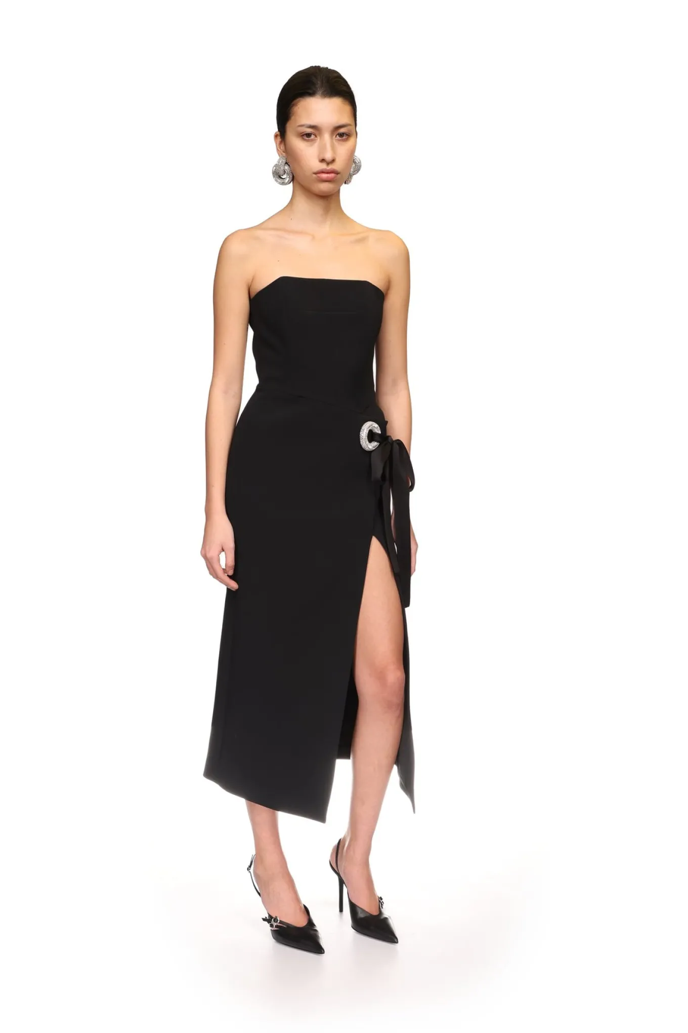 CRYSTAL CIRCLE AND SATIN BOW MIDI DRESS