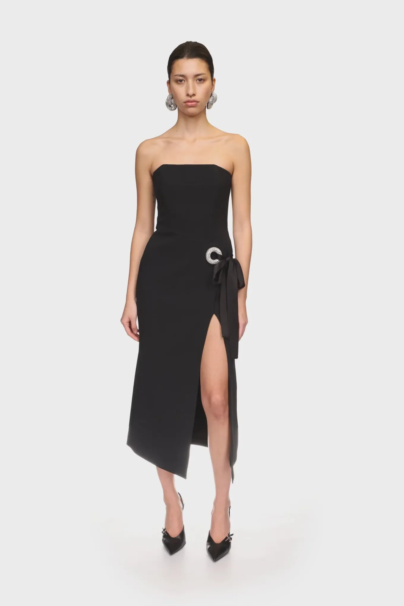 CRYSTAL CIRCLE AND SATIN BOW MIDI DRESS