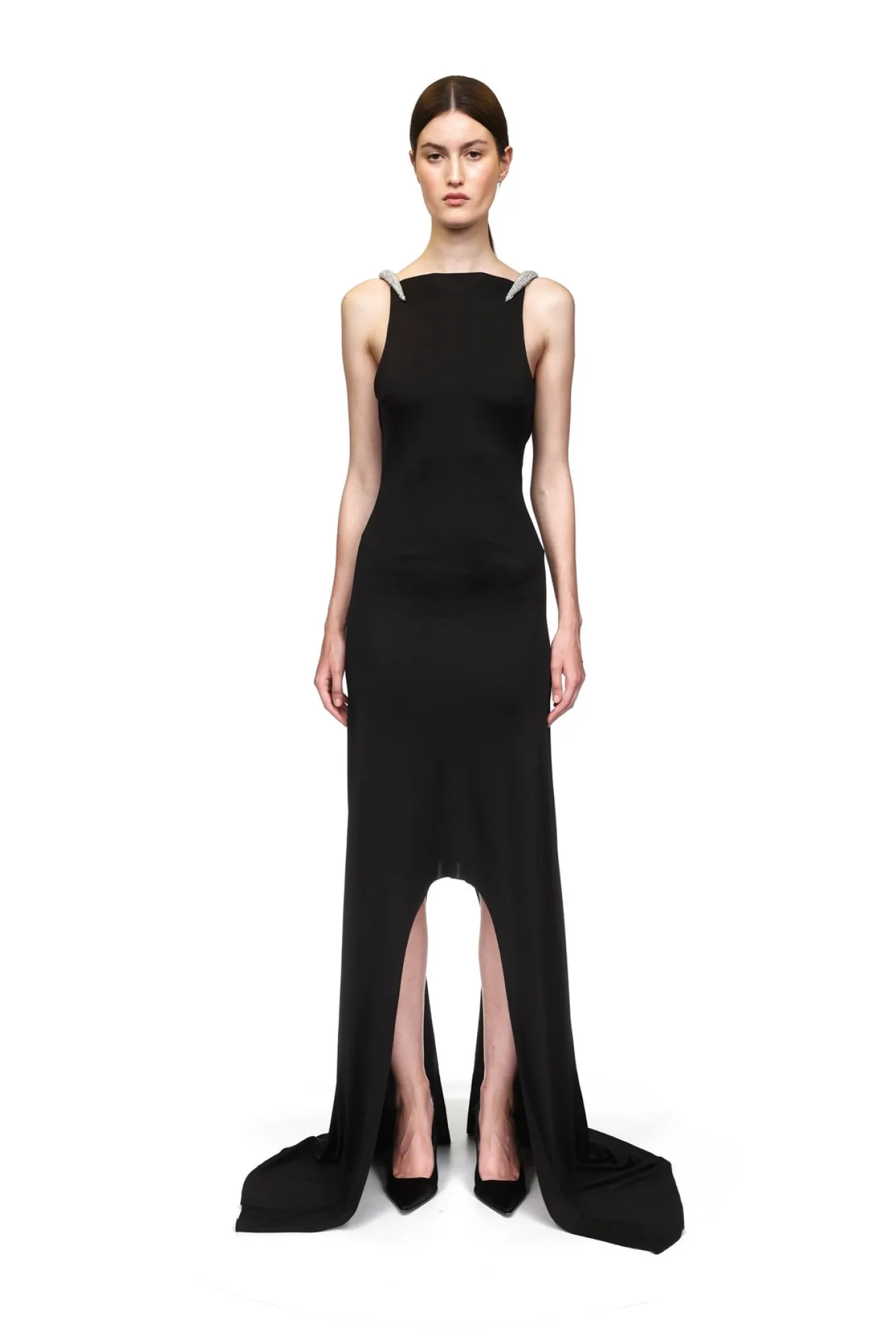 CRYSTAL CLAW DETAIL ASYMMETRIC HEM GOWN