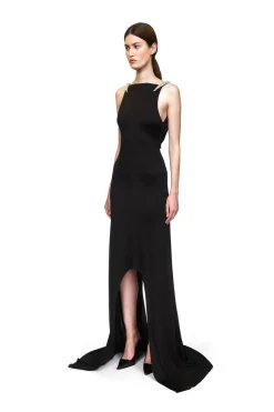 CRYSTAL CLAW DETAIL ASYMMETRIC HEM GOWN
