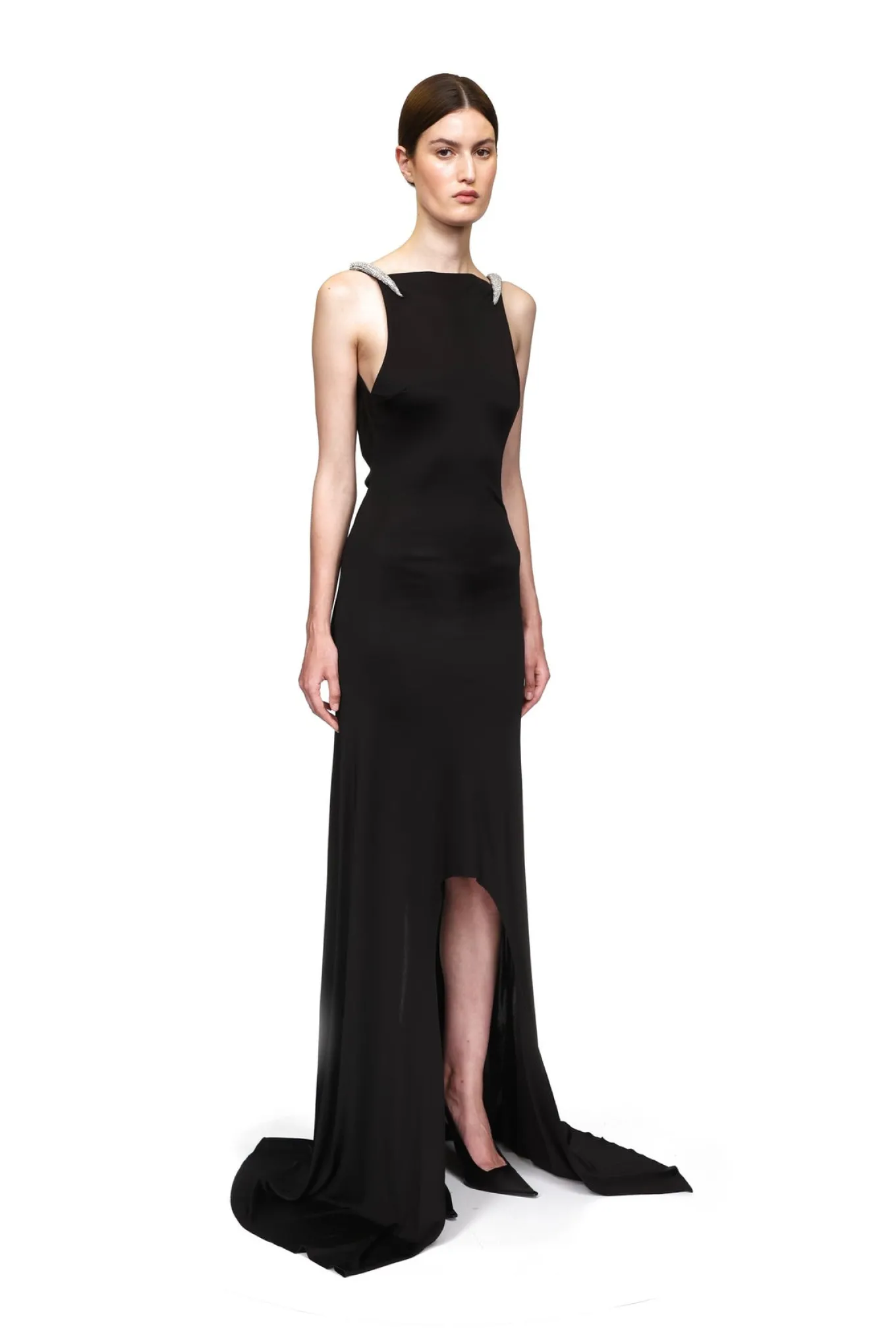 CRYSTAL CLAW DETAIL ASYMMETRIC HEM GOWN