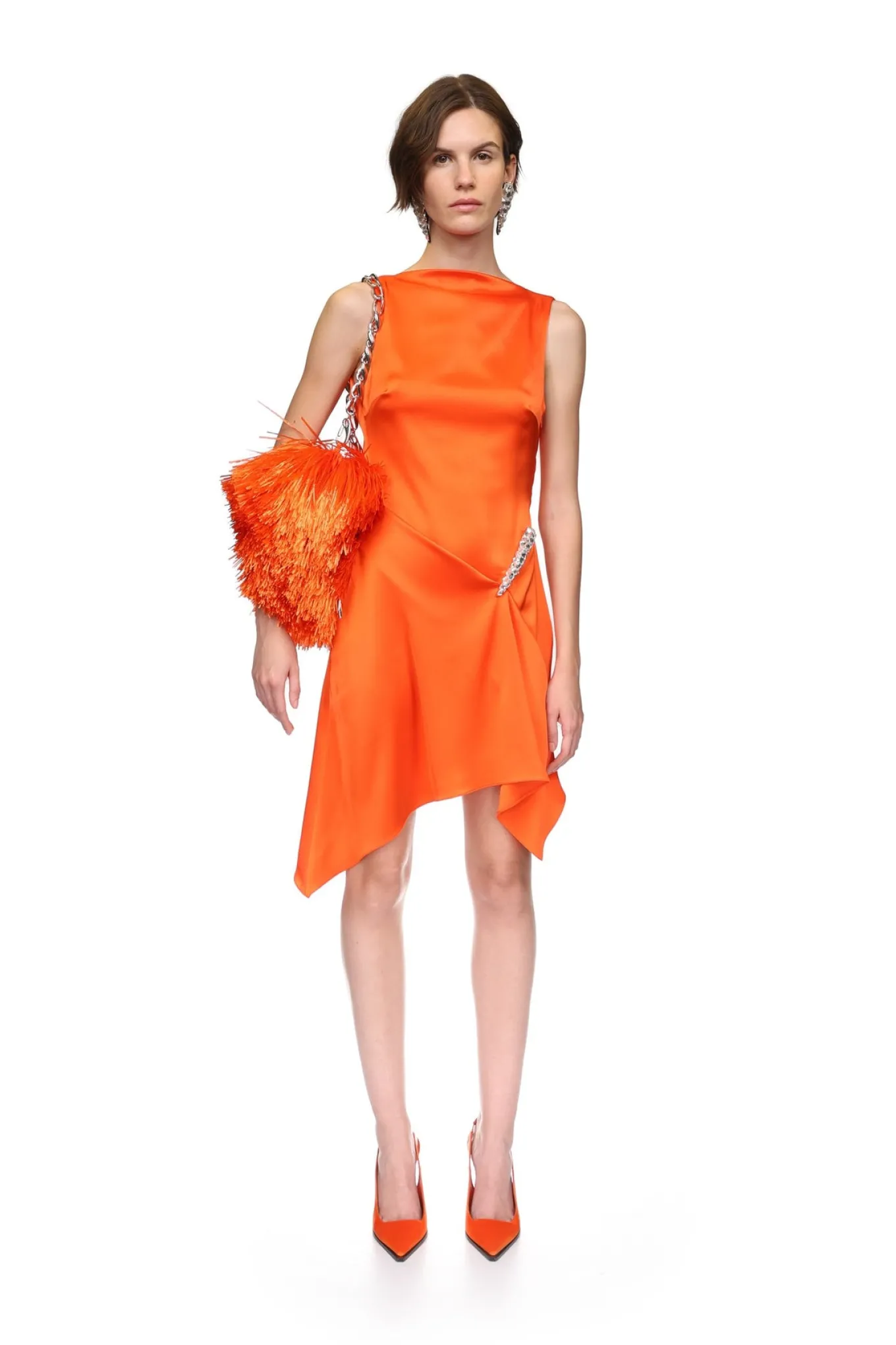 CRYSTAL CLAW DETAIL SLEEVELESS DRESS IN ORANGE