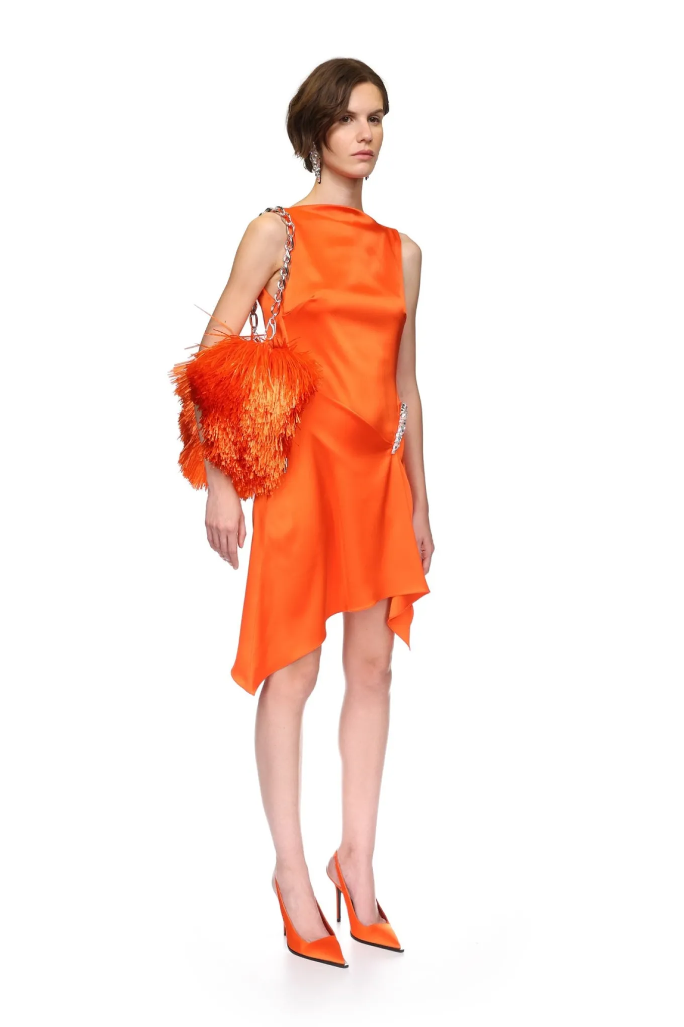 CRYSTAL CLAW DETAIL SLEEVELESS DRESS IN ORANGE