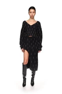 CRYSTAL EMBELLISHED KNIT MIDI SKIRT IN BLACK