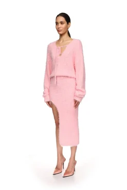 CRYSTAL EMBELLISHED KNIT MIDI SKIRT IN PINK