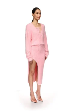 CRYSTAL EMBELLISHED KNIT MIDI SKIRT IN PINK