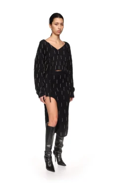 CRYSTAL EMBELLISHED KNIT MIDI SKIRT IN BLACK